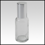Boston round Clear glass roll on bottle with Silver cap.  Capacity : 33ml (1oz)