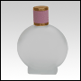 Circle Shaped Frosted Glass Bottle with Pink Leather-type cap. Capacity: 106 ml (about 4oz) at neck
