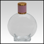 Circle Shaped Clear Glass Bottle with Pink Leather-type cap. 106 ml (about 4oz) at neck.