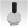 Clear Glass Bottle. Flat, Circular with a Black Sprayer and Cap. Capacity: 1oz (30ml)