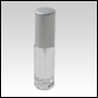 Clear Glass, cylindrical bottle with Matte Silver sprayer and cap. Capacity: 5ml (1/6oz)