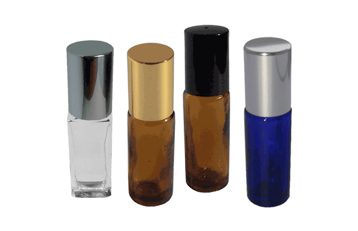 Amber, Blue and Clear glass Roll on Bottles of capacity range  4ml to 6ml (about 1/6oz)