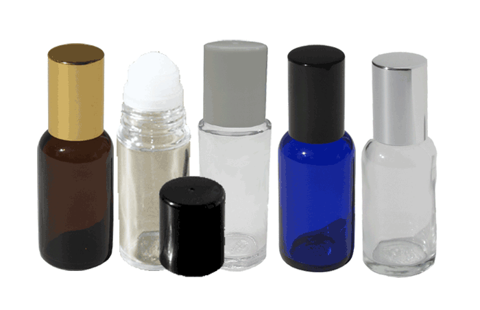 Amber, Blue and Clear glass Roll on Bottles of capacity range 1oz and more