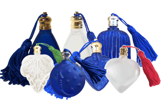 Blue, Clear and Frosted Decorative Perfume Glass Bottles with Tassel caps