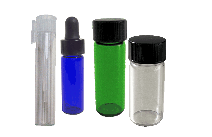 Amber, Blue and clear glass Perfume sample vials with caps and droppers